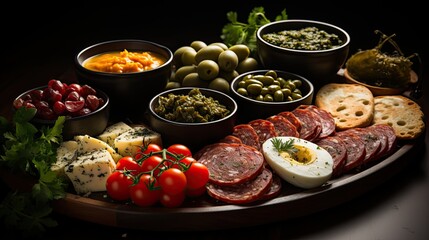 Fototapeta na wymiar Mezze platter with varied food, mixing vegetables, sausages, meats and sauces