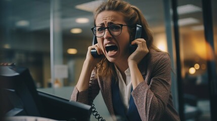 Angry, screaming, and businesswoman on the telephone for secretary career stress, frustrated and mental health problem. generative ai