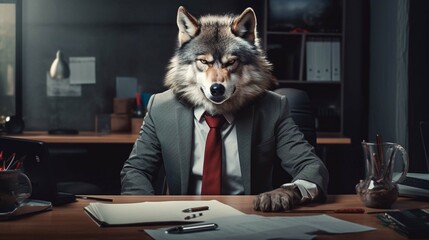 The angry wolf wearing the suit is a metaphor for the theme of types of office workers. generative ai