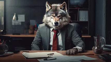 Foto auf Alu-Dibond The angry wolf wearing the suit is a metaphor for the theme of types of office workers. generative ai © Ahtesham