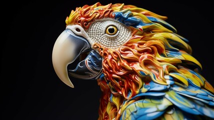 beautifully detailed parrot made of colored porcelain close-up view. generative ai