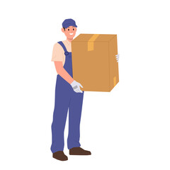 Courier loader cartoon character providing help in relocation and home moving isolated on white