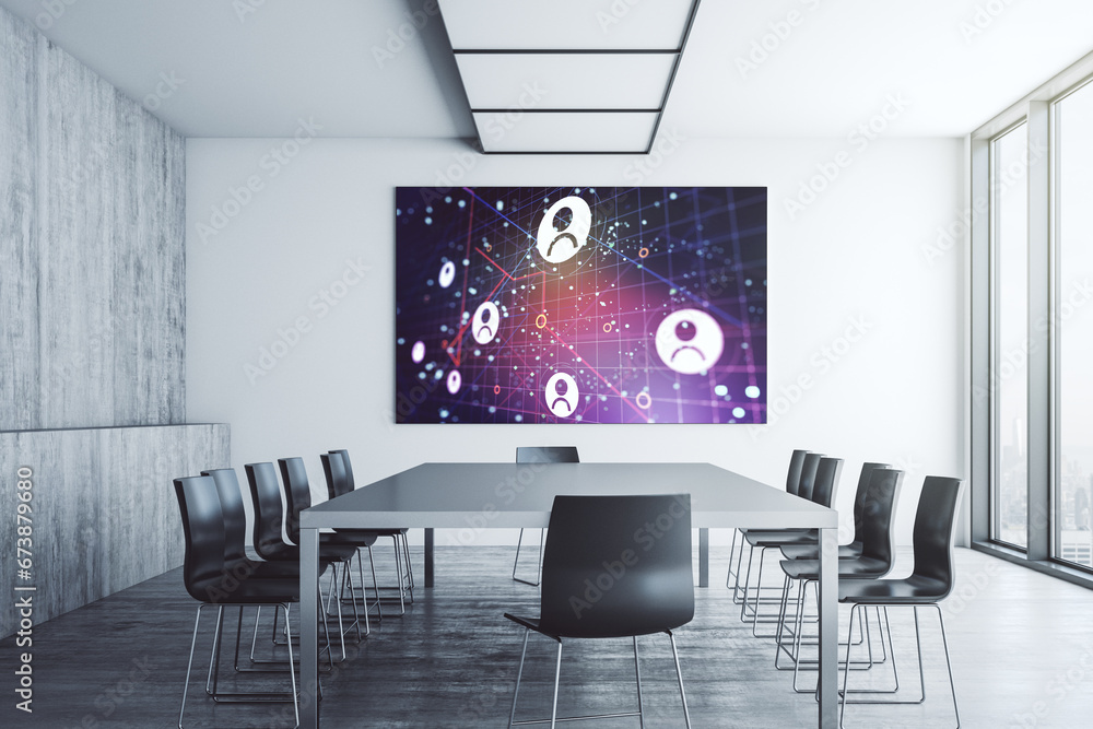 Poster social network media concept on tv display in a modern presentation room. 3d rendering