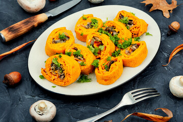Pumpkin rolls with mushrooms