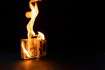 An electrical plug fire is caused by a short circuit of electrical current. Concept of prevention...