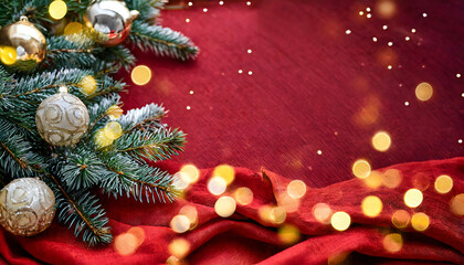 Obraz na płótnie Canvas Christmas red copy space background with xmas trees, warm lights bokeh and sparkles