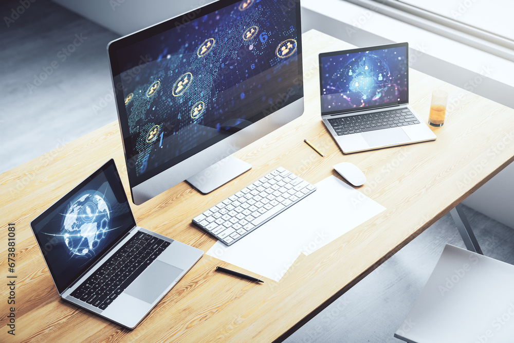 Poster modern computer screen with social network icons concept and world map. networking concept. 3d rende
