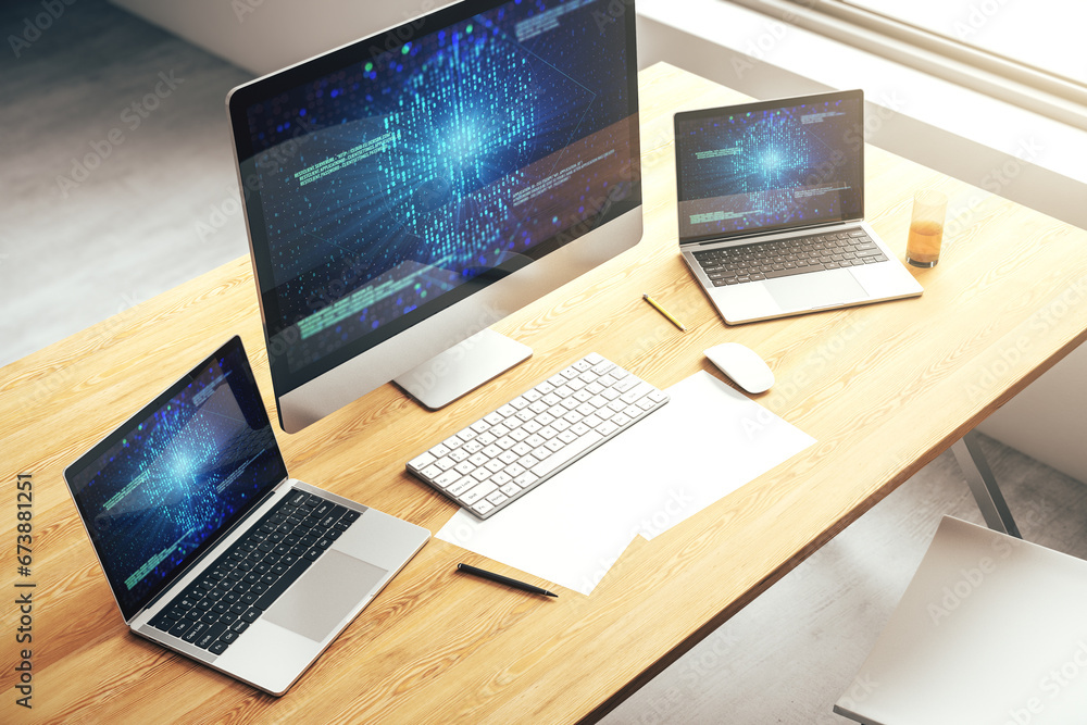 Poster Modern computer monitor with creative code skull hologram. Malware and cyber crime concept. 3D Rendering