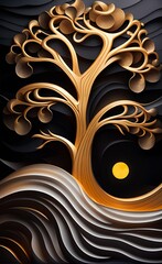 3d mural wallpaper with dark colorful background. golden tree, and white moon. wavy lines shapes in modern background, Generative AI