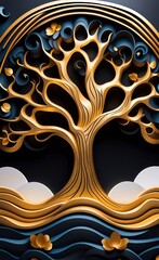 3d mural wallpaper with dark colorful background. golden tree, and white moon. wavy lines shapes in modern background, Generative AI