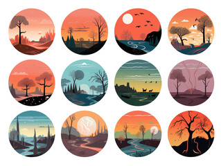 a collection of many flat circular illustrations of different locations in rounded forms with nature-inspired motifs style