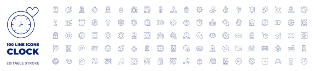 100 icons Clock collection. Thin line icon. Editable stroke. Clock icons for web and mobile app.
