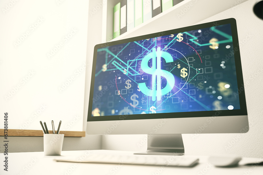 Poster modern computer monitor with creative usd symbols hologram. banking and investing concept. 3d render