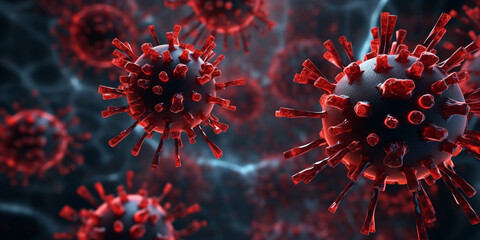 corona virus, influenza outbreak, covid, banner illustration, microscopic view of floating influenza virus cells - obrazy, fototapety, plakaty