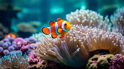 A graceful clownfish, with vibrant anemones as the background context, during a lively and colorful marine reef display