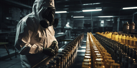 Specialist chemist in protective clothing, inspecting the site of toxic spillage at an industrial...