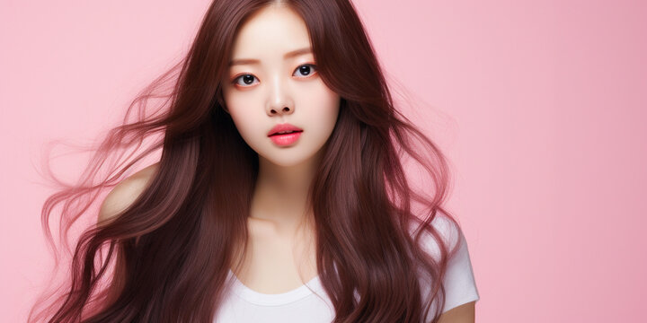 beautiful Korean girl with long hair on pink background