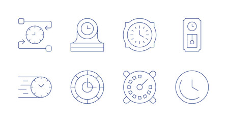 Clock icons. Editable stroke. Containing time management, immediate, wall clock, clock, desk clock, grandfather clock, time lapse. - obrazy, fototapety, plakaty