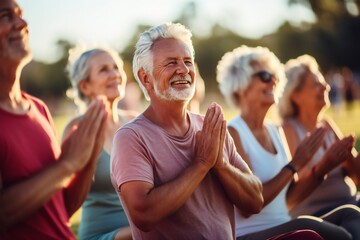 a group of active elderly people perform yoga together indoors, to improve their physical condition and well-being, and to socialize with each other, active aging concept
