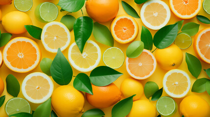 A group of citrus fruits with leaves - fruit background wallpaper - obrazy, fototapety, plakaty