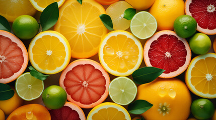A group of cut fruit - fruit background wallpaper - obrazy, fototapety, plakaty