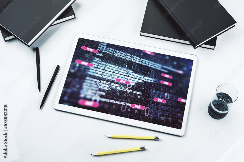Leinwandbilder modern digital tablet monitor with abstract creative coding sketch, artificial intelligence and neur