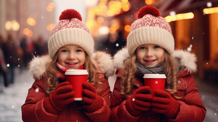 
happy little twin girls with paper coffee cups on christmas background
