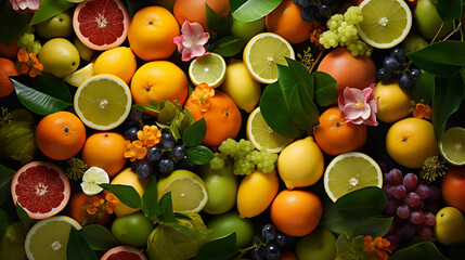 A group of fruit with leaves and flowers - fruit background wallpaper
