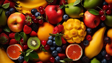 A group of different fruits - fruit background wallpaper - obrazy, fototapety, plakaty