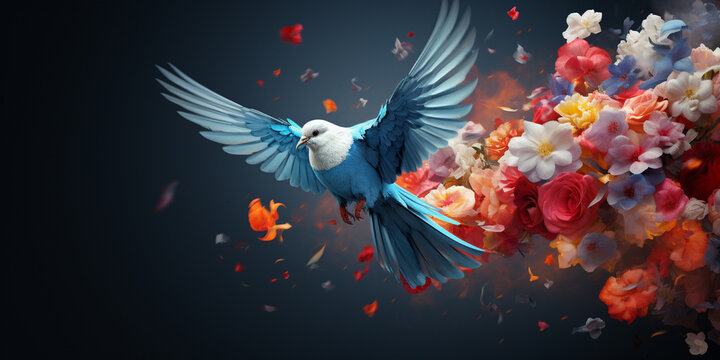 creative photos of dove as a symbol of peace, flowers and bird