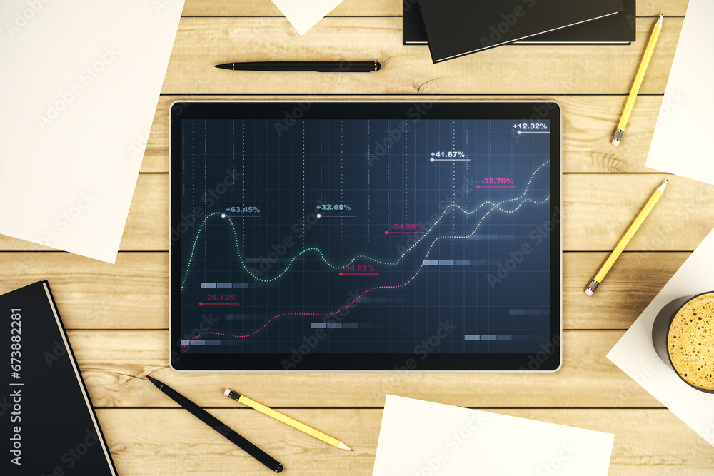 Fototapete Modern digital tablet monitor with abstract creative statistics data hologram, statistics and analytics concept. Top view. 3D Rendering