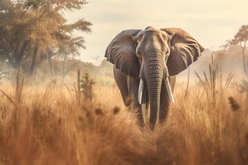 Majestic elephant walking through a savannah illustration. AI generative.