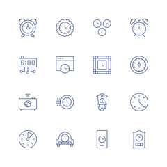 Clock line icon set on transparent background with editable stroke. Containing clock, table clock, alarm clock, digital clock, minutes, time zone, cuckoo clock.