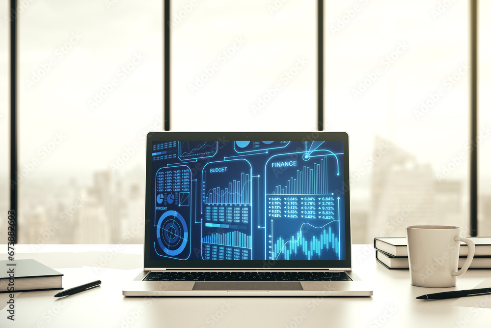Aufkleber modern computer screen with creative statistics data hologram, stats and analytics concept. 3d rende