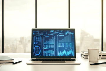 Modern computer screen with creative statistics data hologram, stats and analytics concept. 3D Rendering