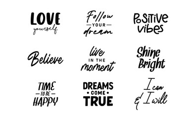 Motivational quotes. Set of positive vibes messages. Love yourself, be grateful, live the moment.