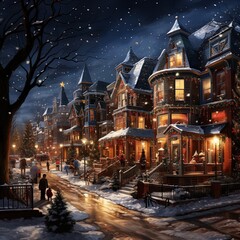 Fototapeta na wymiar Winter snowy small city street with lights in houses, falling snow town night landscape. background.