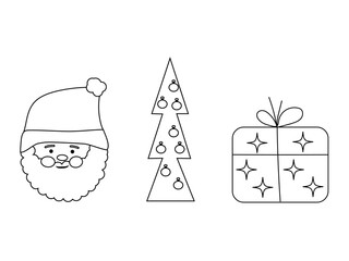 New Year vector coloring . Santa Claus, Christmas tree with decorated balloons, gift . Black and white illustration . Set of vector New Year elements .Doodle