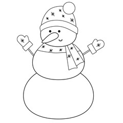 Snowman wearing scarf, hat with pompom and mittens. Black and white drawing. Vector graphic illustration in doodle style. Children's coloring