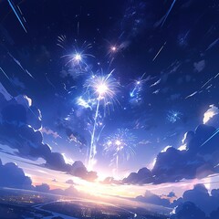 firework anime digital art illustration painting wallpapers - obrazy, fototapety, plakaty