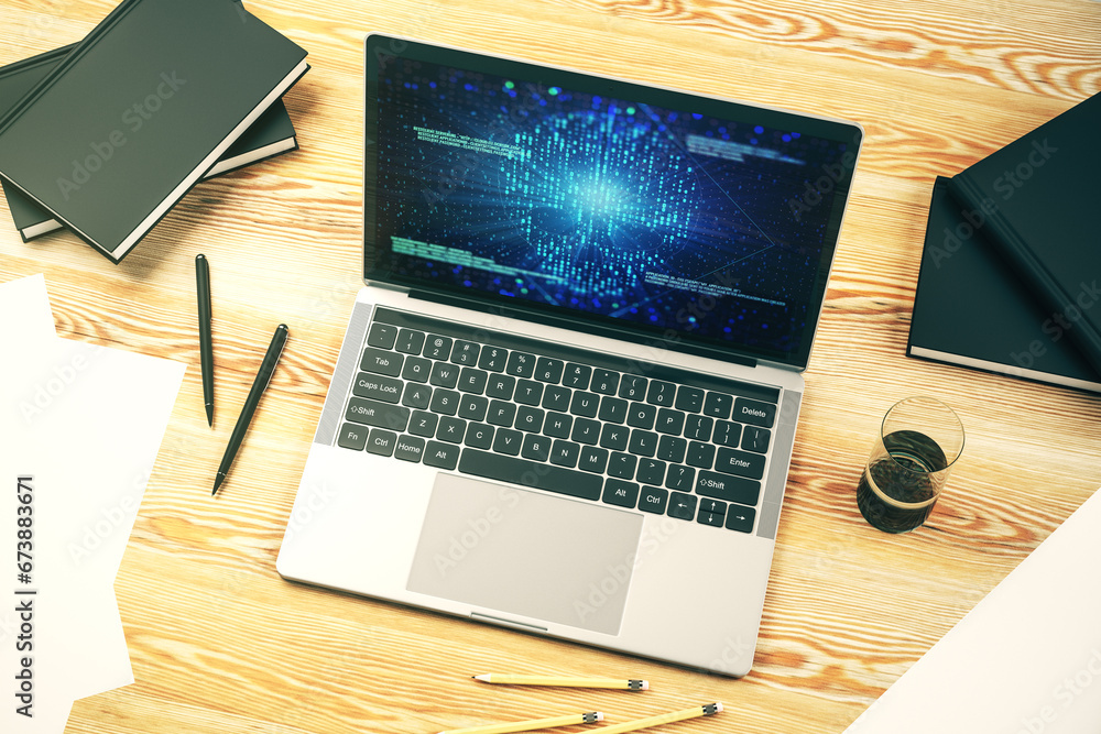 Poster Modern computer monitor with creative code skull hologram. Malware and cyber crime concept. 3D Rendering