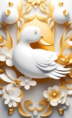 Elegant 3d Design White and Golden Floral Ornament with Flowers and Duck illustration Background. 3D Abstraction, Generative AI