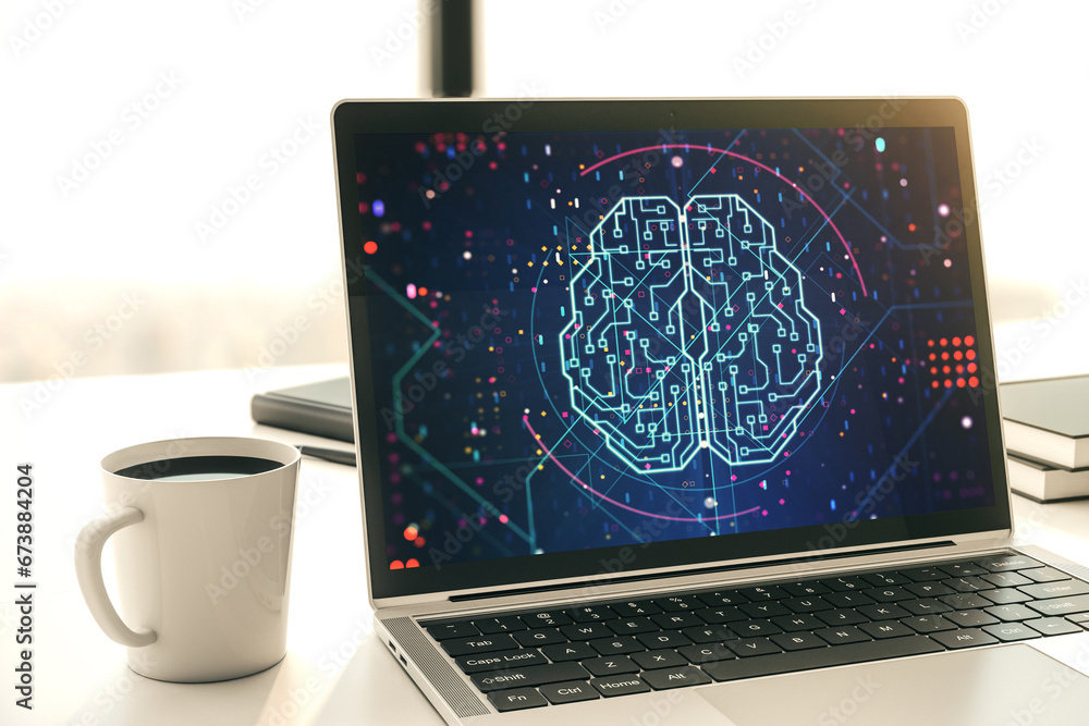 Poster modern computer display with creative human brain microcircuit. future technology and ai concept. 3d
