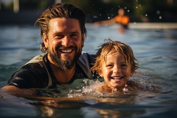 Happy family in swimming pool. Summer vacation concept - obrazy, fototapety, plakaty