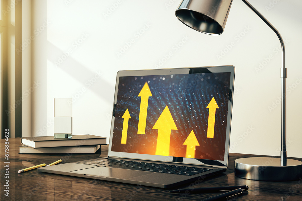 Poster creative abstract upward arrows hologram on modern computer monitor, leadership and motivation conce