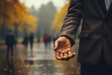 Rain is dropping on a man's hand.Sweet smell of rain - obrazy, fototapety, plakaty