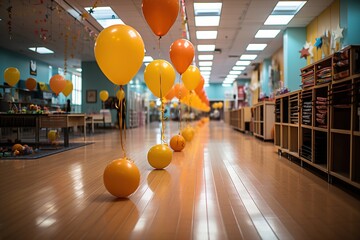 empty school office with balloons - obrazy, fototapety, plakaty