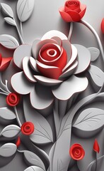 3d mural wallpaper with red, rose simple floral painting light gray background. drawing modern flowers, Generative AI