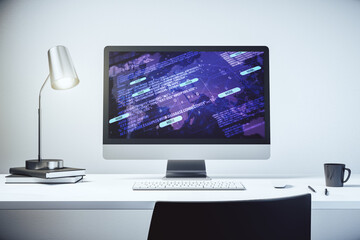 Modern computer screen with abstract graphic coding sketch and world map, big data and networking concept. 3D Rendering