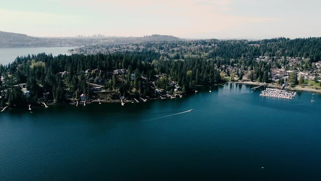 Aerial video of the sea with trees and buildings on the shore